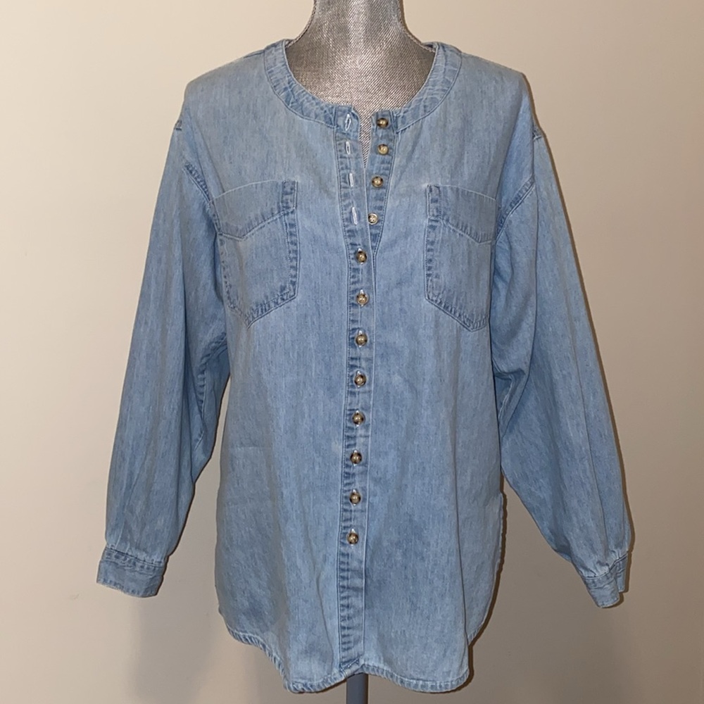 Bonjour Button Up Long Sleeved Denim Jean  Shirt Light Blue Size Small